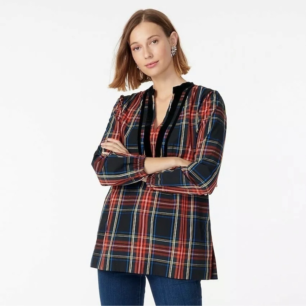 J. Crew Velvet-Trimmed V-Neck Tunic In Black Stewart Tartan Size XS Holiday